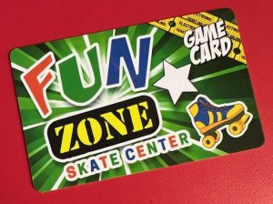 Fun Zone Skate Center game card used for arcade games and attractions.