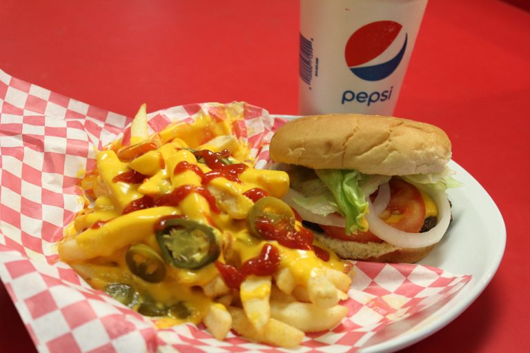 Delicious burger and crispy fries combo served at Fun Zone Skate Center Café.