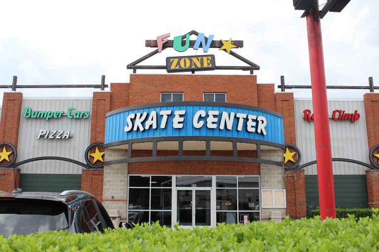 Fun Zone Skate Center’s front view, featuring the building’s vibrant entrance and signage.