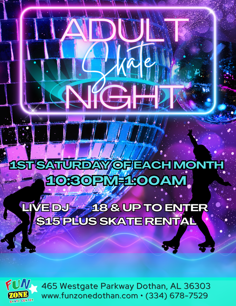 Join us for Adult Skate Night at Fun Zone Skate Center! An 18+ skating event featuring great music, fun vibes, and a kid-free atmosphere.